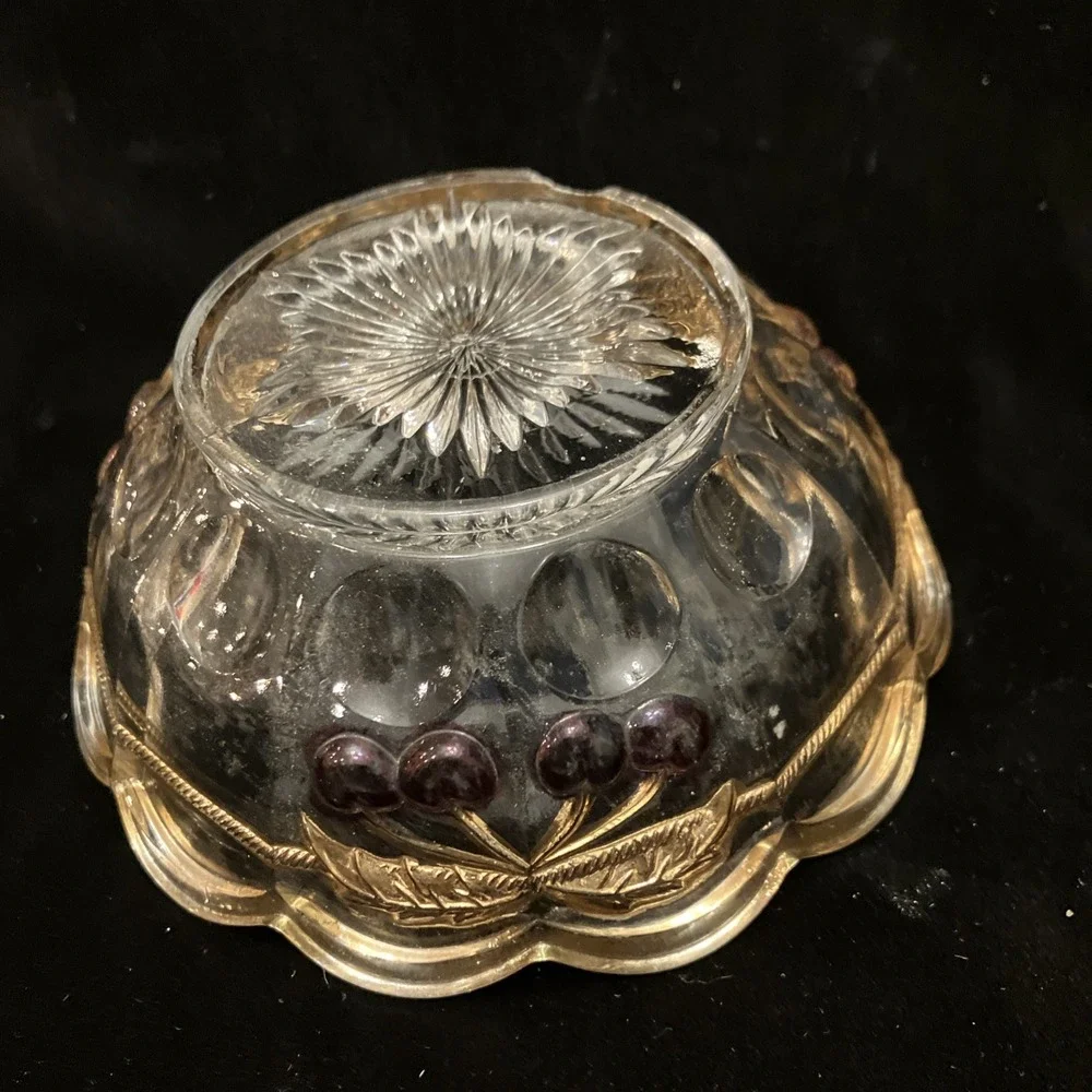 Vintage Mosser Northwood Glass Cherry & Cable Thumbprint 24K Gold Candy Dish